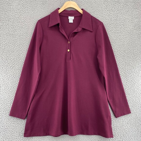 Chico's Tops - Chicos Top Womens 1 US Medium Burgundy Ponte Collared Long Sleeve Tunic Stretch